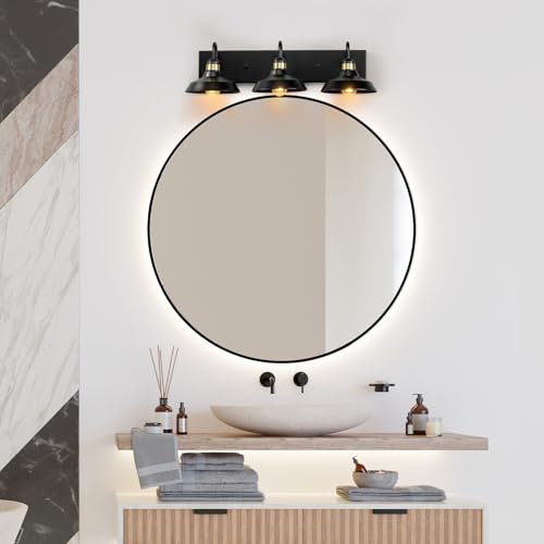 Globe Electric 63000199 24" 3-Light Vanity Light, Matte Black, Brass Accents, Exposed Bulb, Bathroom/Makeup Mirror, Wall Light - color: Cabernet