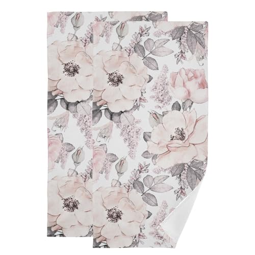 Pink Gray Flower Hand Towels for Bathroom Set of 2 Soft Absorbent Watercolor Blossom Floral Grey Leaves Kitchen Dish Towels Vintage Decorative Guest Bathroom Towels for Bath,Face,Hair 14"x28" - color: Pink Grey