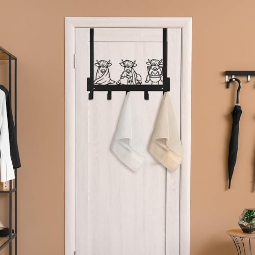 Kathfly Bathroom Highland Cow Over the Door Hooks Towel Hooks Heavy Duty Hanging Towel Rack Over Door Hanger, 5 Coat Hanger for Bedroom Bathroom Kitchen - color: Black, style: Bathroom Highland Cow