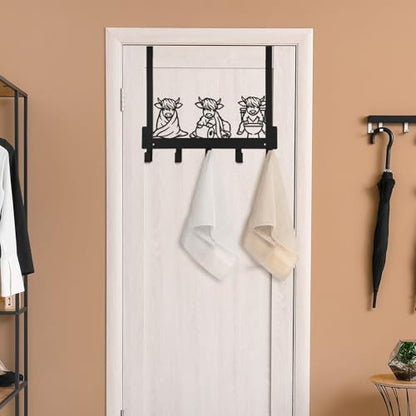Kathfly Bathroom Highland Cow Over the Door Hooks Towel Hooks Heavy Duty Hanging Towel Rack Over Door Hanger, 5 Coat Hanger for Bedroom Bathroom Kitchen - color: Black, style: Bathroom Highland Cow