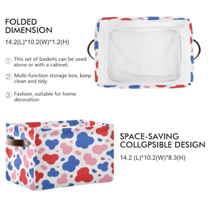 Red Pink Blue Cow Pattern Storage Baskets 1 Pack | Collapsible Open Home Storage Bin with Handle for Home Bedroom Cloth