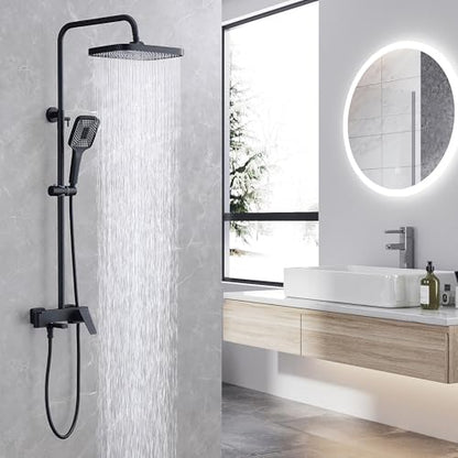 Shower Systems with 12 x8 Inches Rain Shower Head, Matte Black Exposed Pipe Shower System,3 Functions Tub Shower Faucet Sets,Overhead Shower System with Handheld - color: A- Matte Black with Square Shower Head