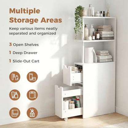 Tangkula Slim Bathroom Storage Cabinet, Small Corner Floor Cabinet with Open Shelves, Slide-Out Drawers, Bathroom Organizer, Narrow Toilet Paper Holder for Restroom, Living Room, Small Spaces, White