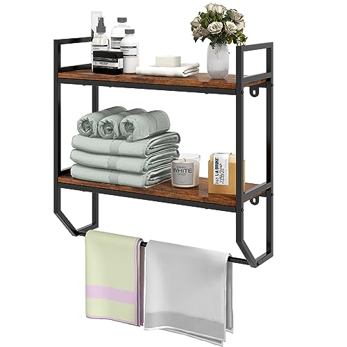 Giantex Wall Mounted Bathroom Shelves with Towel Bar, Industrial 2-Tier Over the Toilet Storage Organizer with Metal Frame, Wooden Wall Shelves, Floating Shelves for Bathroom, Kitchen, Living Room - color: Rustic Brown