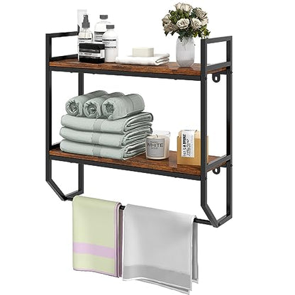 Giantex Wall Mounted Bathroom Shelves with Towel Bar, Industrial 2-Tier Over the Toilet Storage Organizer with Metal Frame, Wooden Wall Shelves, Floating Shelves for Bathroom, Kitchen, Living Room - color: Rustic Brown