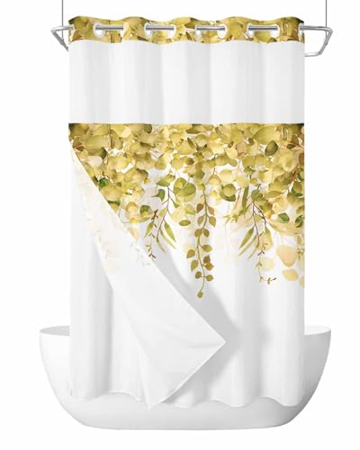 No Hook Shower Curtain and Snap in Liner Set, Yellow Eucalyptus Fabric Bathroom Stall Shower Curtains 36x72, See Through Mesh Top Window, Spring Summer Botanical Floral Leaves Country Hotel Style - color: Yellow, size: 36"W x 72"L (Pack of 1)