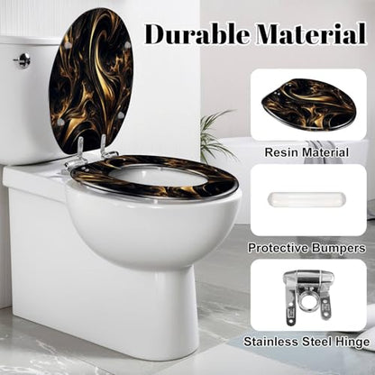 Elongated Toilet Seat Abstract marble fluid art painting alcohol ink style a black gold Resin Toilet Seat Slow Quiet Close with Quick-Release Hinges Toilet Seat with Cover Easy to Clean Install