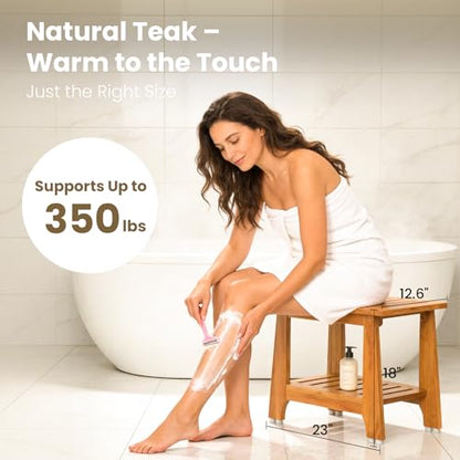 NNN 24" Commercial Heavy Duty Teak Shower Bench, Patented, Non-Slip Stable | with 8 Japan-Made Non-Slip Leveling Feet, Mortise-Tenon Legs 350lb, Pre-Oiled European Teak Oil, Marine-Grade Hardware - size: 24"W x 12.6" Dx 18"H