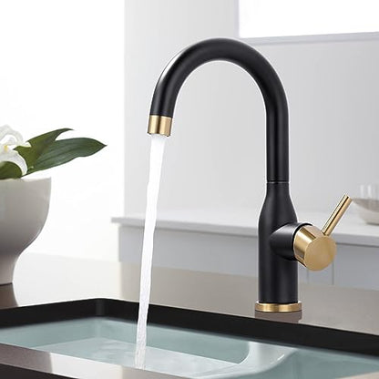 WOWOW Black and Gold Modern Single Handle Bar Faucet, 1 Hole, 360 Swivel, RV Sink Faucet, Mini Bar Tap with Water Supply Hoses - color: Black and Gold