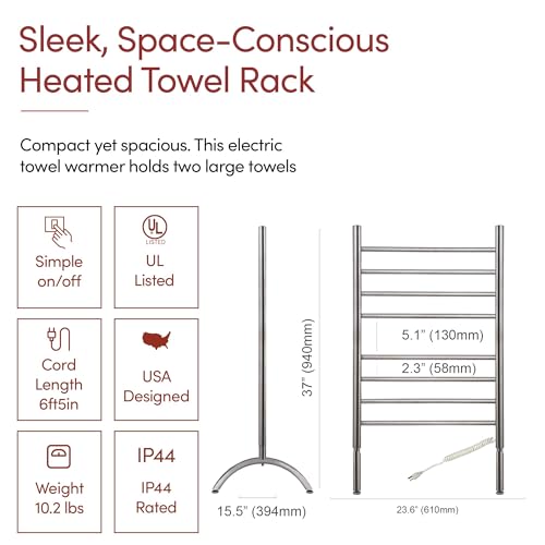 WarmlyYours Barcelona Heated Towel Rack, 8 Bars, Brushed Steel | Freestanding plug-in electric towel warmer, 150W, overheat protection, warms 2 large towels or bathrobes at once