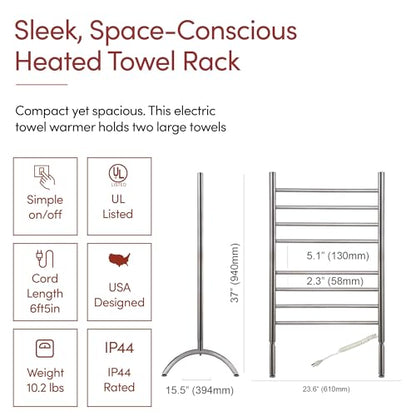 WarmlyYours Barcelona Heated Towel Rack, 8 Bars, Brushed Steel | Freestanding plug-in electric towel warmer, 150W, overheat protection, warms 2 large towels or bathrobes at once
