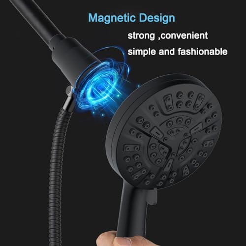 High Pressure Shower Head with Magnetic Back Fixed Base Design ,Handheld Showerhead with Hose Set Stainless Steel 59 inches/5 ft 10-Setting 5 inches Large Face ,Chrome Finish - color: Black