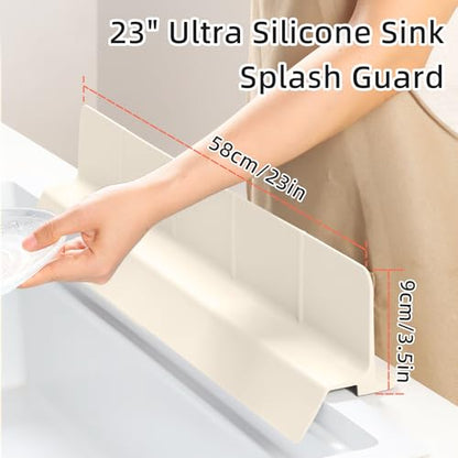 23" Ultra Silicone High Sink Splash Guard, Beige | Released in 2026, Self-Draining Water Splash Guard, for Kitchen Sink&Bathroom&Island, 3.5" Splash Guard, 7 Strong Suction Cup - color: Beige
