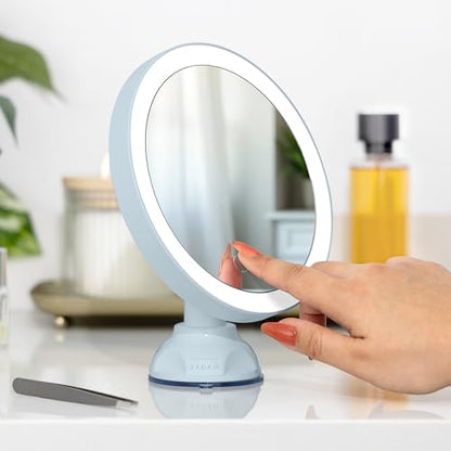Zadro Zado 8.25-Inch x 6.9-Inch Round LED Lighted Wall Mounted Suction Cup Makeup Mirror with 10X Magnification and Touch Controls (French Blue) - color: French Blue