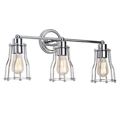 JONATHAN Y Evelyn 3-Light Metal Vanity Light 24", Chrome | Industrial Farmhouse Reversible Wall Sconce, Cage Shade, For Hallway, Bathroom Sconce for Mirror, LED Bulb Included - color: Chrome, size: 3 Bulb