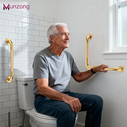 16x16 Inch Munzong Angled Gold Bathroom Grab Bars for Shower | Angled Grab Bar Anti Slip Stainless Steel Knurled Safety Handle Support Elderly Injury Senior - color: Gold