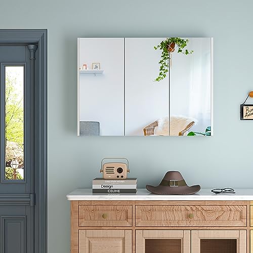 Tangkula Medicine Cabinet with Mirror, Frameless Bathroom Wall Mounted Cabinet with 3 Doors and Adjustable Shelves, Storage, Recess or Surface Mount Installation