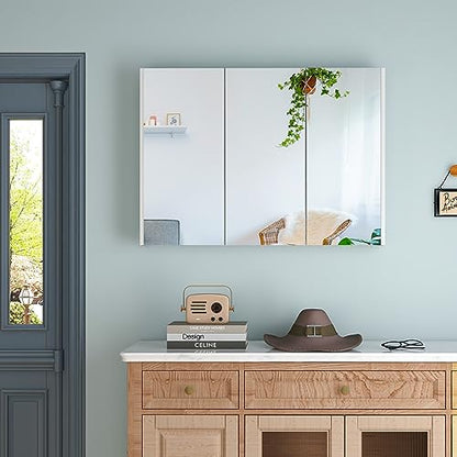 Tangkula Medicine Cabinet with Mirror, Frameless Bathroom Wall Mounted Cabinet with 3 Doors and Adjustable Shelves, Storage, Recess or Surface Mount Installation