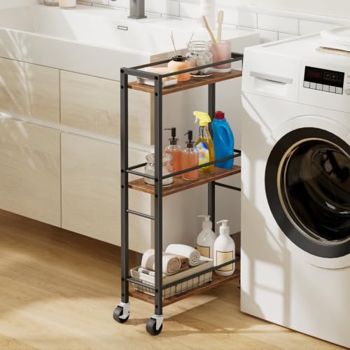 MAHANCRIS Slim Rolling Cart, Mobile Kitchen Cart on Wheels, Narrow Storage Cart for Small Space, Small Bar Cart, for Bathroom, Laundry, Living Room, Rustic Brown RCHR1501Z - color: Rustic Brown