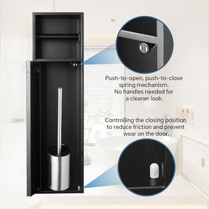 Recessed Toilet Paper Holder Plus Toilet Brush Storage,Black | Inner size 6*23.38*4.94in (L*H*D), Built-in Toilet Paper Dispenser, Modern and Space-saving, Includes Toilet Brush