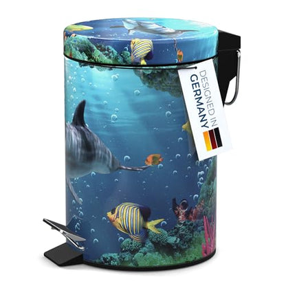 Sanilo Small Bathroom Trash Can with Lid [1.3 Gallon] - Lidded Tiny Trashcan for Garbage - Mini Metal Bin with Soft Closing Mechanism - Bath Room Accessoire Wastebin with Inner Bucket (Dolphin) - color: Dolphin