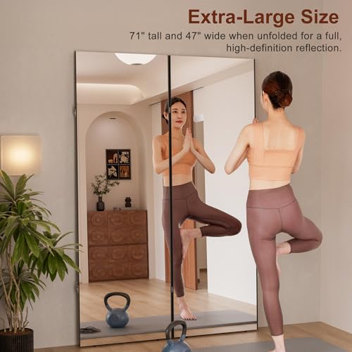 NanoMirror Space-Saving 360° Folding Full Length Mirror, 71" x 47" Ultra-Large Wall Mounted Shatterproof Foldable Design for Home Gym, Yoga, Dance, Fitness Studio, Silver