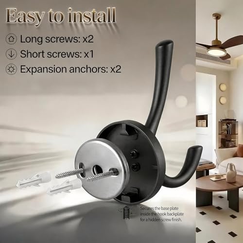 Towel Hooks-Coat Robe Hooks-Heavy Duty Metal Double Bathrobe Hook-Black Towel Hooks for Bathrooms-Kitchen Closet Garage（4Pcs Black） - color: Black