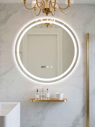 24" Round LED Bathroom Mirror with Anti-Fog & Touch Switch - 60x60cm Wall-Mounted Makeup Vanity Mirror, No Drilling Required, Smart Display Bathroom Mirror - size: 24"L x 24"W