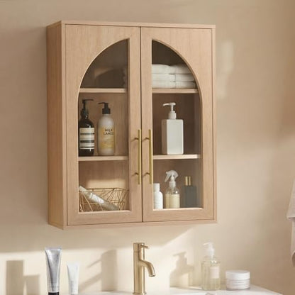 Bathroom Wall Cabinet, 23.5×31.4'' Storage Cabinet, Arched Cabinet Wall Mount with Adjustable Shelf & Glass Doors, Medicine Cabinet for Laundry Room, Bathroom, Kitchen, Living Room,Natural Oak - color: Natural Oak