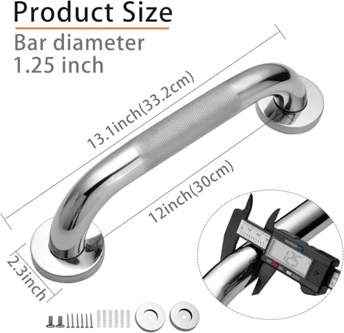 Shower Grab Bar, 1 Pack 12 Inch Bathroom Grab Bar, 304 Stainless Steel 1.25" Diameter Anti-Slip Handicap Grab Bar Support Shower Rail Senior Handrail Shower Safety Bar Handle - size: 12 Inch