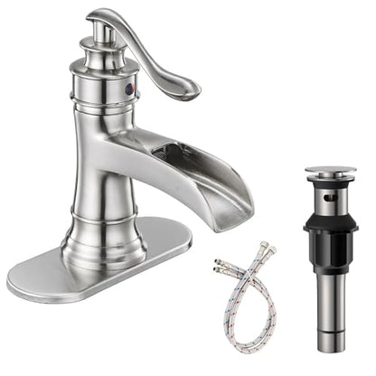 Brushed Nickel Waterfall Bathroom Faucet Single Handle 1 Hole | with Pop Up Drain Assembly & Water Supply Hose,Lead-Free Solid Brass,Farmhouse Faucet for Sink 1-3 Hole,Deck Mount - color: Brushed Nickel