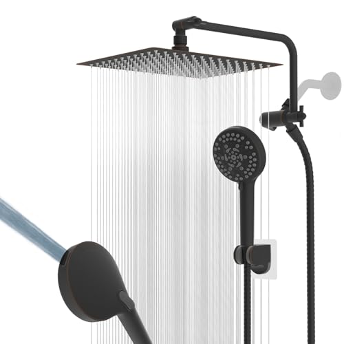 12" Metal Rainfall Shower Head with 10-Mode Handheld, Oil Rubbed Bronze | NSF/ANSI/CAN 372 Certified, High Pressure Showerhead Combo with 11" Adjustable Shower Arm, 71" Hose, Shower Head Holder - color: Oil Rubbed Bronze, style: Square 12"