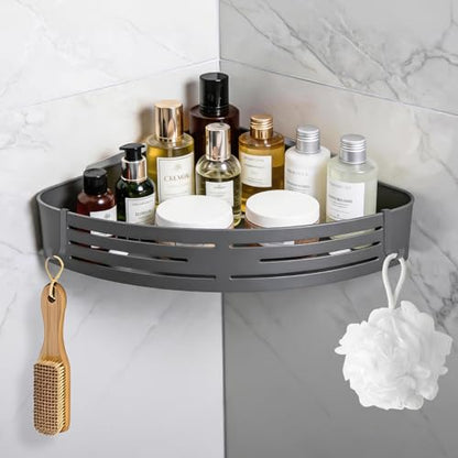 Matte Gray Corner Shower Shelf, 1-Pack Aluminum Bathroom Caddy Item Highlights No Drill Adhesive & Screw Mount, Rustproof Storage Rack with Towel Hooks for Shower, Toilet & Laundry Room