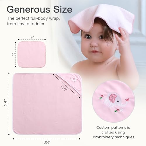 Softan Baby Hooded Towels and Washcloths Set 6 Pack, 28x28 Ultra Soft & Absorbent Baby Bath Towels for Newborn Infant Toddler, Unisex Boys Girls (Pink Elephant) - color: Pink Elephant