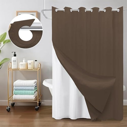 Inhousolu No Hook Shower Curtain with Removable Snap-in Liner, Waffle Weave 230 GSM Polyester, Weighted Hem, Water Repellent Washable, 72 x 72 Inch, Brown - color: Brown, size: 72"W x 72"L (Pack of 1)
