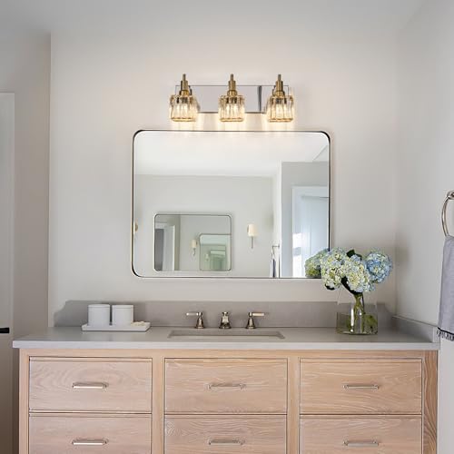 Crystal Bathroom Vanity Light Gold Chrome 3-Light Modern Bathroom Lighting Fixtures Over Mirror Square Wall Sconce - color: Gold Chrome-Square Shade, size: 3-Light