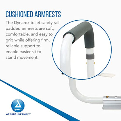 Dynarex Toilet Safety Rail, Attaches to Your Toilet to Provide Safe Support for Sitting and Standing with Padded Arms, Adjustable Width & Weight Capacity of 300 pounds, White, 1 Toilet Safety Rail