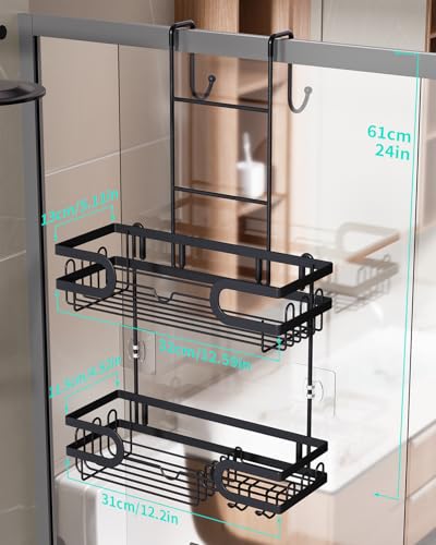 HapiRm Hanging Shower Caddy Over the Door with 14 Hooks and Soap Holder, No Drilling Adhesive Shower Storage, Rustproof & Waterproof Stainless Steel Bathroom Shelves - Black - color: C-Black