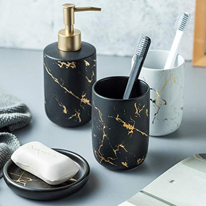 Bathroom Accessory Set Ceramics Bathroom Set Accessories Complete Set Vanity Countertop Accessory Set Includes Soap Dish Lotion Dispenser Tumblers (Black（Four Piece）)