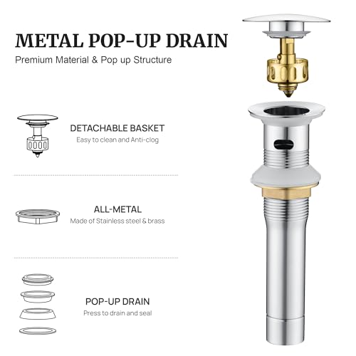 Pop up Sink Drain Stopper with Overflow Chrome for Bathroom Vessel Vanity Sink Art Basin, Big Cap Sink Drain with Overflow, Metal Pop-up Drain Strainer with Detachable Basket Stopper - color: Chrome, style: with overflow
