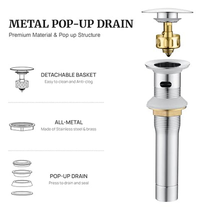 Pop up Sink Drain Stopper with Overflow Chrome for Bathroom Vessel Vanity Sink Art Basin, Big Cap Sink Drain with Overflow, Metal Pop-up Drain Strainer with Detachable Basket Stopper - color: Chrome, style: with overflow