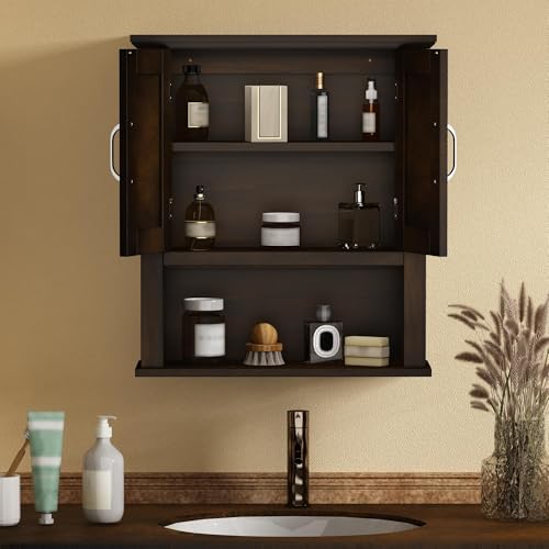 ChooChoo Wood Bathroom Wall Cabinet with Doors, Walnut Medicine Cabinet | Rustic Over The Toilet Storage Cabinet, Adjustable Shelf, Open & Concealed Storage, 7.5 x 21.6 x 24 Inches - color: Walnut