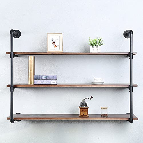 Industrial Pipe Shelves With Wood Planks,Rustic Pipe Shelving Wall Shelf | Metal Pipe Solid Pine Wood,Easy to Assemble,Wooden Board Thickness 0.78 In,For Bar Farmhouse Kitchen Office Bathroom,Bedroom - color: 3-layer, size: 48in