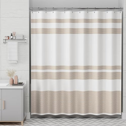 AmazerBath Beige Shower Curtain, 72x72 Washable Cloth Neutral Light Tan Shower Curtain with 12 Hooks, Fabric Khaki and White Striped Set, Farmhouse Bathroom Shower Curtain - color: A- Khaki Stripe +12 Metal Hooks, size: 72"W x 72"L (Pack of 1)
