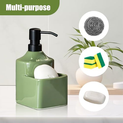 Gets Soap Dispenser Green Ceramic Pump Bottle with Storage Holder | Countertop Liquid Hand Wash Bottle with Organizer Tray for Bathroom, Kitchen, Refillable Modern Dispenser for Vanity Sink - size: Green With Sponge Holder