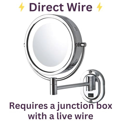JERDON Two-Sided Lighted Wall-Mounted Makeup Mirror - Makeup Mirror with 5X Magnification & Wall-Mount Arm - 8-Inch Diameter Mirror with Chrome Finish Wall Mount - Model HL165CLD