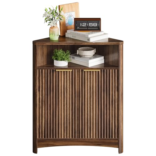 Corner Cabinet, Corner Storage with Fluted Panels and Adjustable Shelf, Modern Floor Cabinets for Small Spaces, Bathroom, Living Room, Kitchen, Walnut MCW23HT