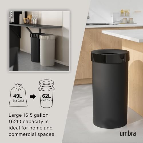 Umbra Vento Kitchen Trash Can – Large 16 Gal (62 L) Open Top Garbage Can for Home & Office – Modern Clean Design, Black - color: Black
