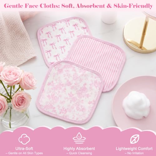 Irenare 3 Pack Pink Bow Baby Washcloths, Floral Striped Baby Soft Face Towels, Absorbent Knit Terry Wash Cloth for Girls, Gentle on Sensitive Skin Great for Bathing Wiping Shower Gift and Essential