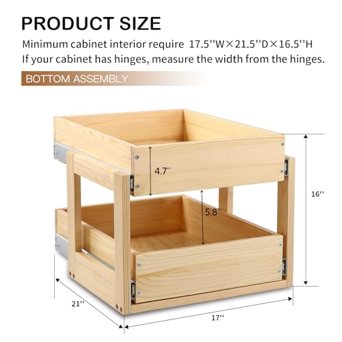 Pull Out Cabinet Organizer, 17''W×21''D×16''H Soft Close Slide Out Wood Drawer Shelves Storage for Kitchen, 2-Tier, Finished, Heavy-Duty, Bottom Assembly - size: 17''W×21''D×16''H